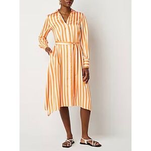 NWT Yellow White Satin Vertical Stripe Shirt Dress Belted Midi Long Sleeve XS